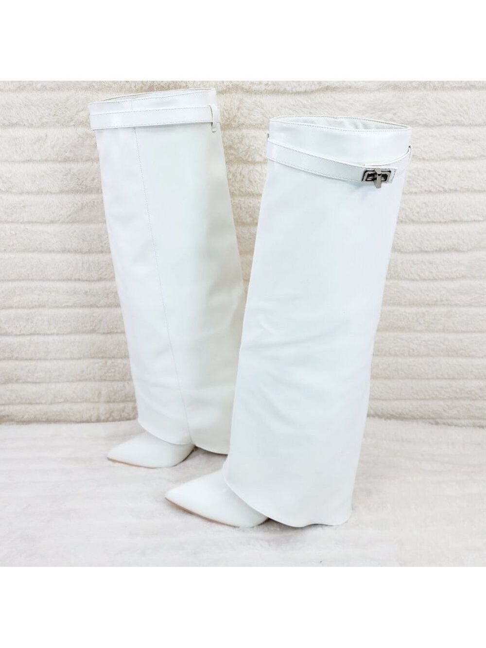 Paris White Skirted Fold Over 3.5" Block Heel Knee High Boots